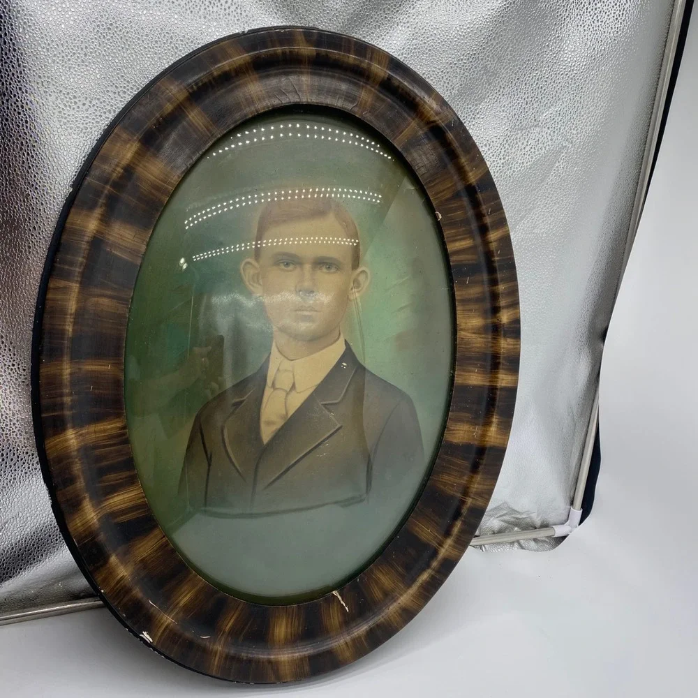 Vintage Convex Domed Bubble Glass Frame Oval Tiger Stripe Wood Antique Portrait